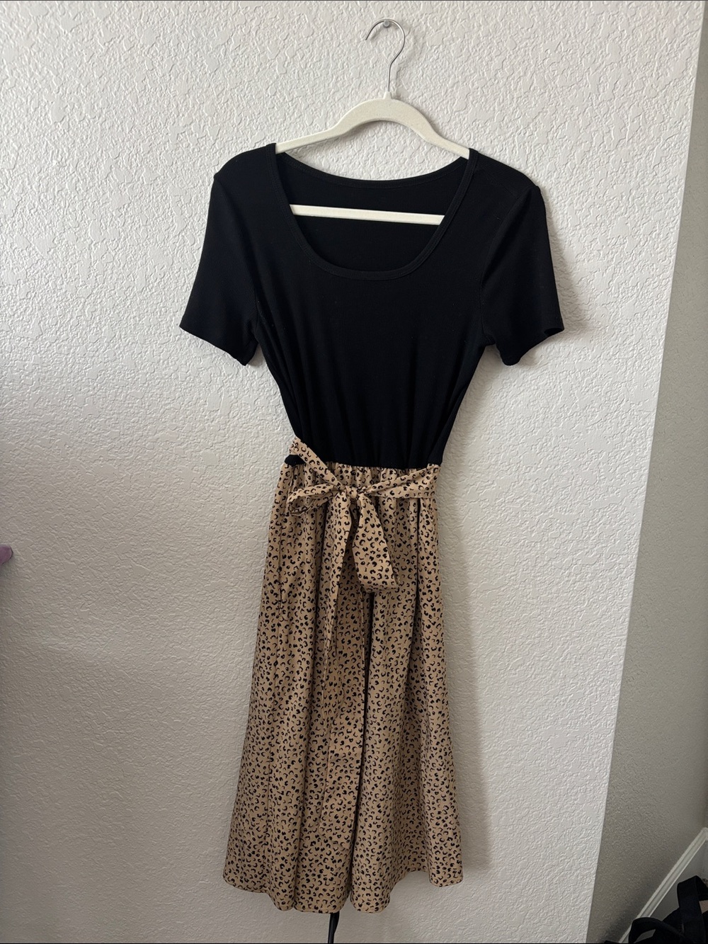 Black Scoop-Neck Maxi Dress with Tan Leopard Skirt